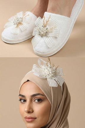Wheat Blossom Postpartum And Bride Crown & Slippers Set Ecru - 919505S