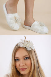 Wheat Blossom Postpartum And Bride Crown & Slippers Set Ecru - 919505