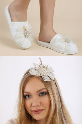 Wheat Blossom Postpartum And Bride Crown & Slippers Set Ecru - 919505