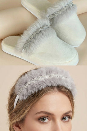 Feather Themed Postpartum And Bride Crown & Slippers Set Grey - 919508