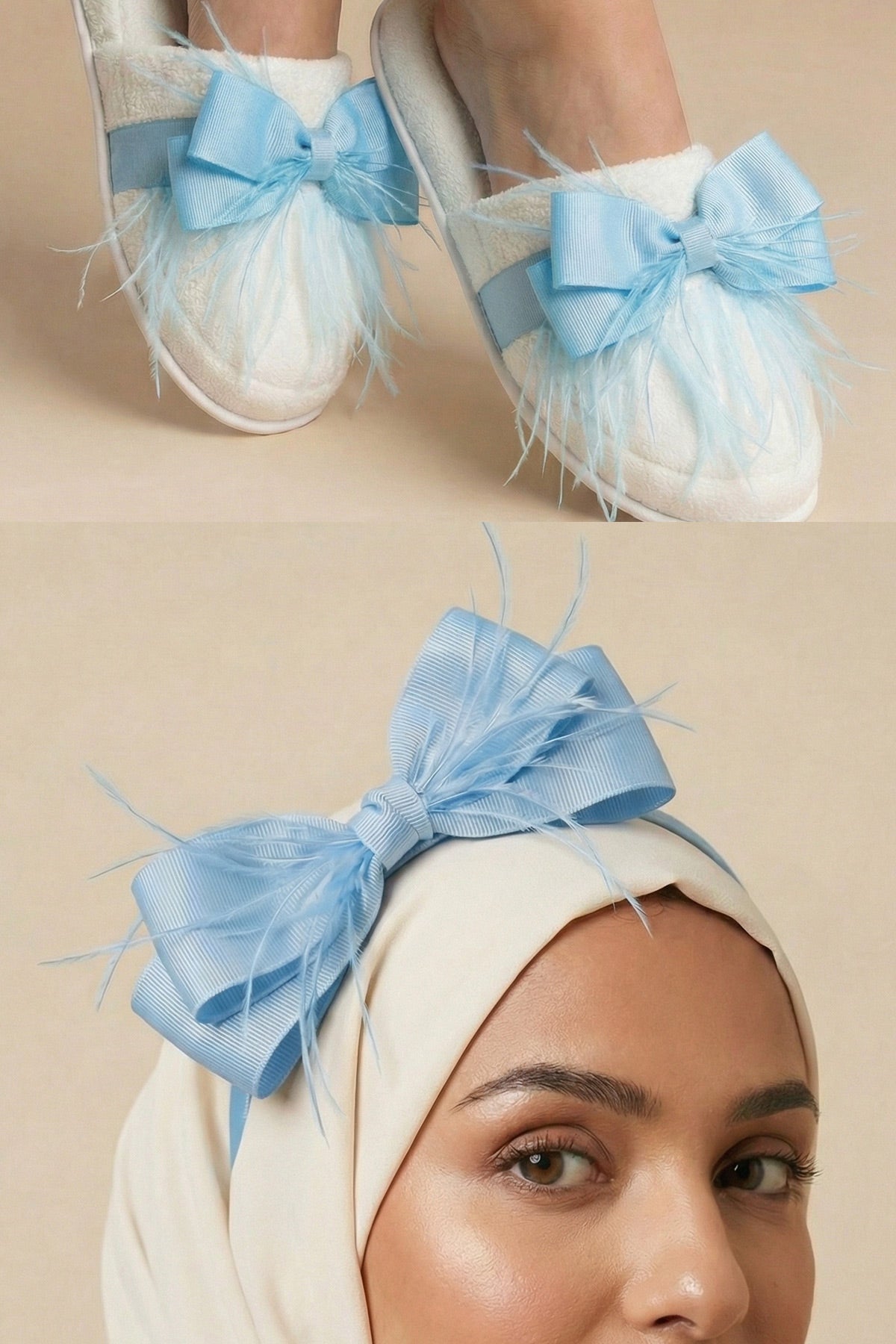 Feathered Bow Themed Postpartum And Bride Crown & Slippers Set Blue - 919510
