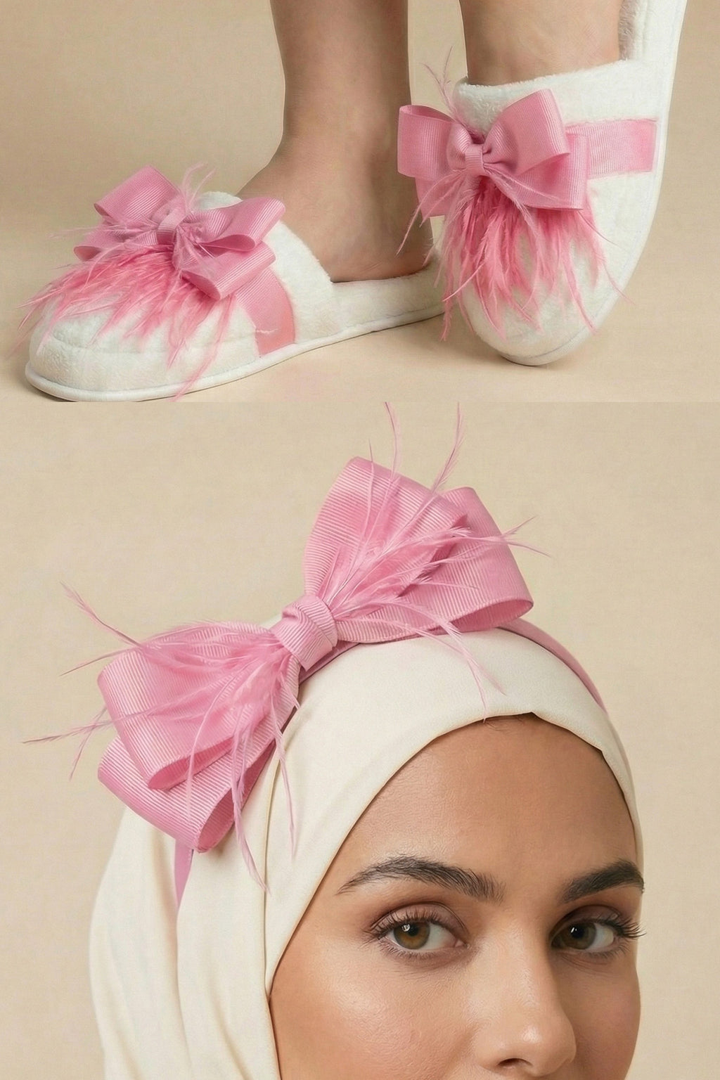 Feathered Bow Themed Postpartum And Bride Crown & Slippers Set Pink - 919510