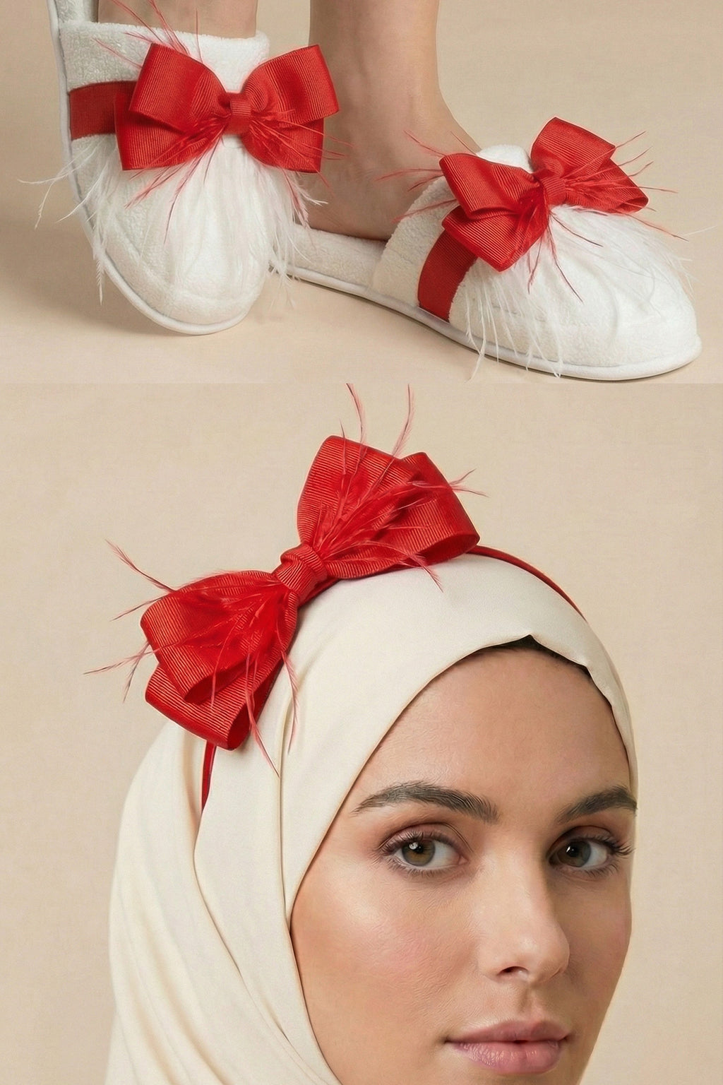 Feathered Bow Themed Postpartum And Bride Crown & Slippers Set Red - 919510