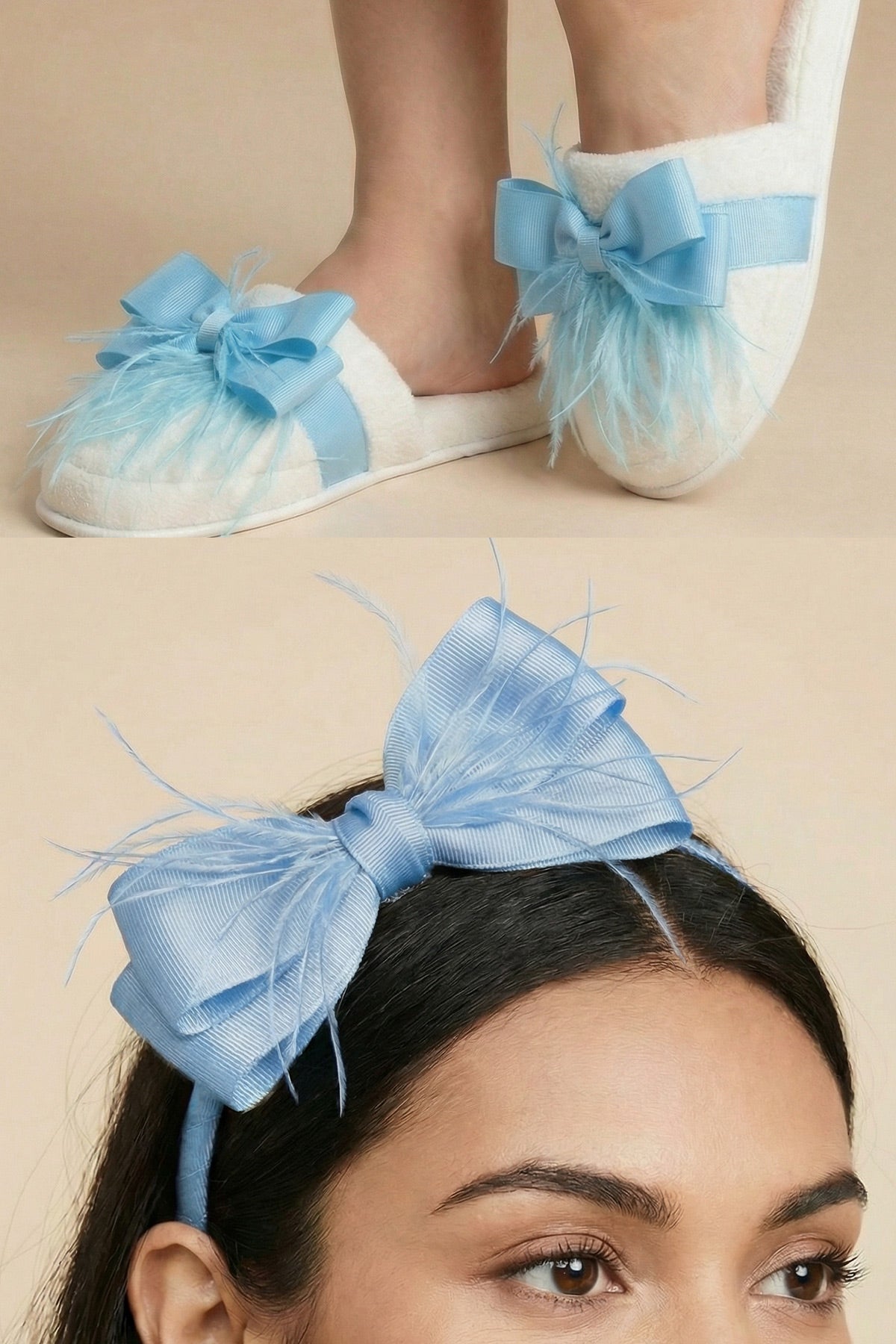 Feathered Bow Themed Postpartum And Bride Crown & Slippers Set Blue - 919510