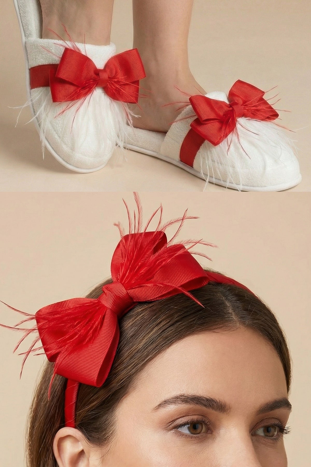 Feathered Bow Themed Postpartum And Bride Crown & Slippers Set Red - 919510