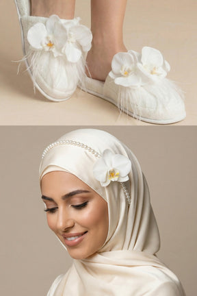 White Orchid Themed Postpartum And Bride Crown & Slippers Set White - 919511S