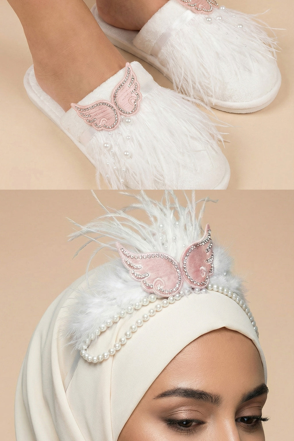 Pearl Angel Wing Postpartum And Bride Crown & Slippers Set Ecru - 919512