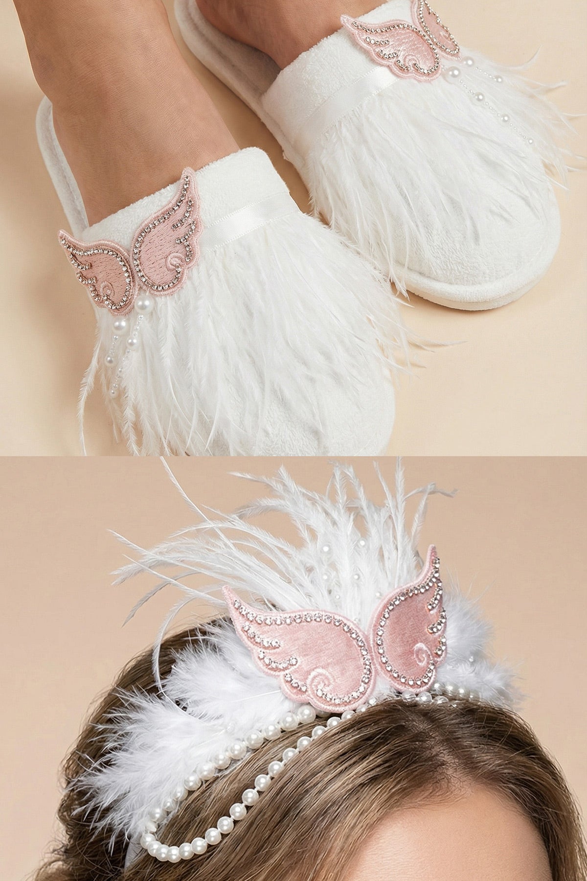 Pearl Angel Wing Postpartum And Bride Crown & Slippers Set Ecru - 919512