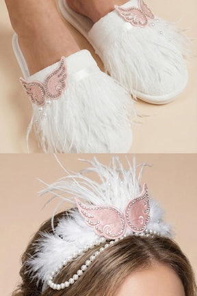 Pearl Angel Wing Postpartum And Bride Crown & Slippers Set Ecru - 919512