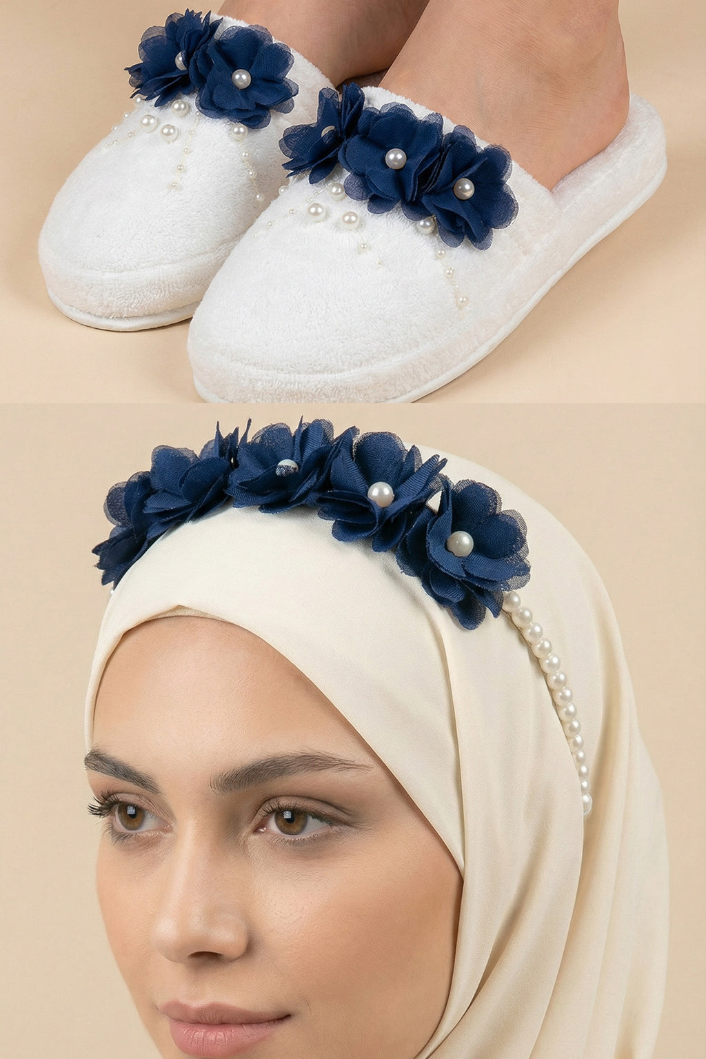 Pearl Flower Themed Postpartum And Bride Crown & Slippers Set Navy Blue - 919513
