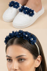 Pearl Flower Themed Postpartum And Bride Crown & Slippers Set Navy Blue - 919513