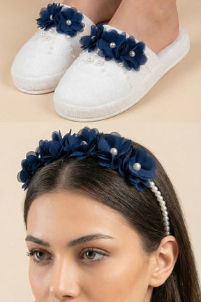 Pearl Flower Themed Postpartum And Bride Crown & Slippers Set Navy Blue - 919513