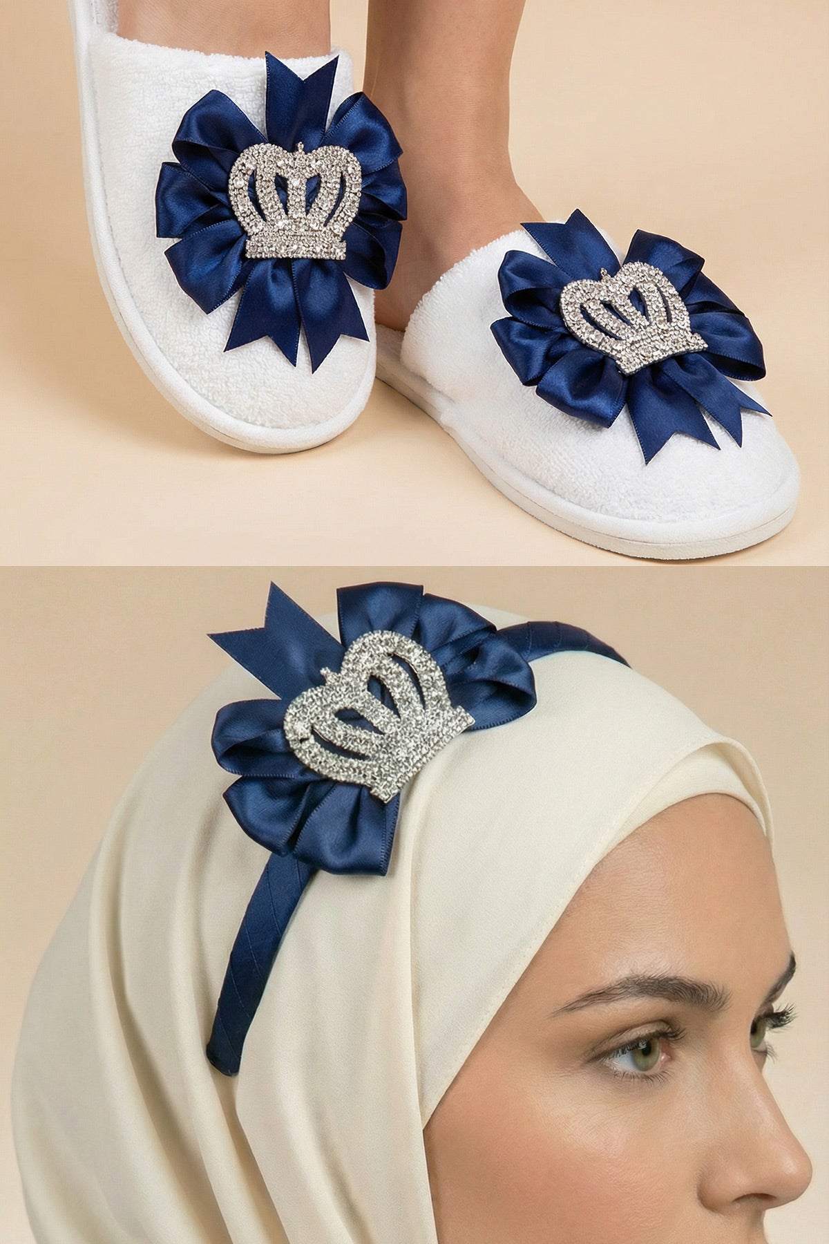 Princess Crown Themed Postpartum And Bride Crown & Slippers Set Navy Blue - 919514