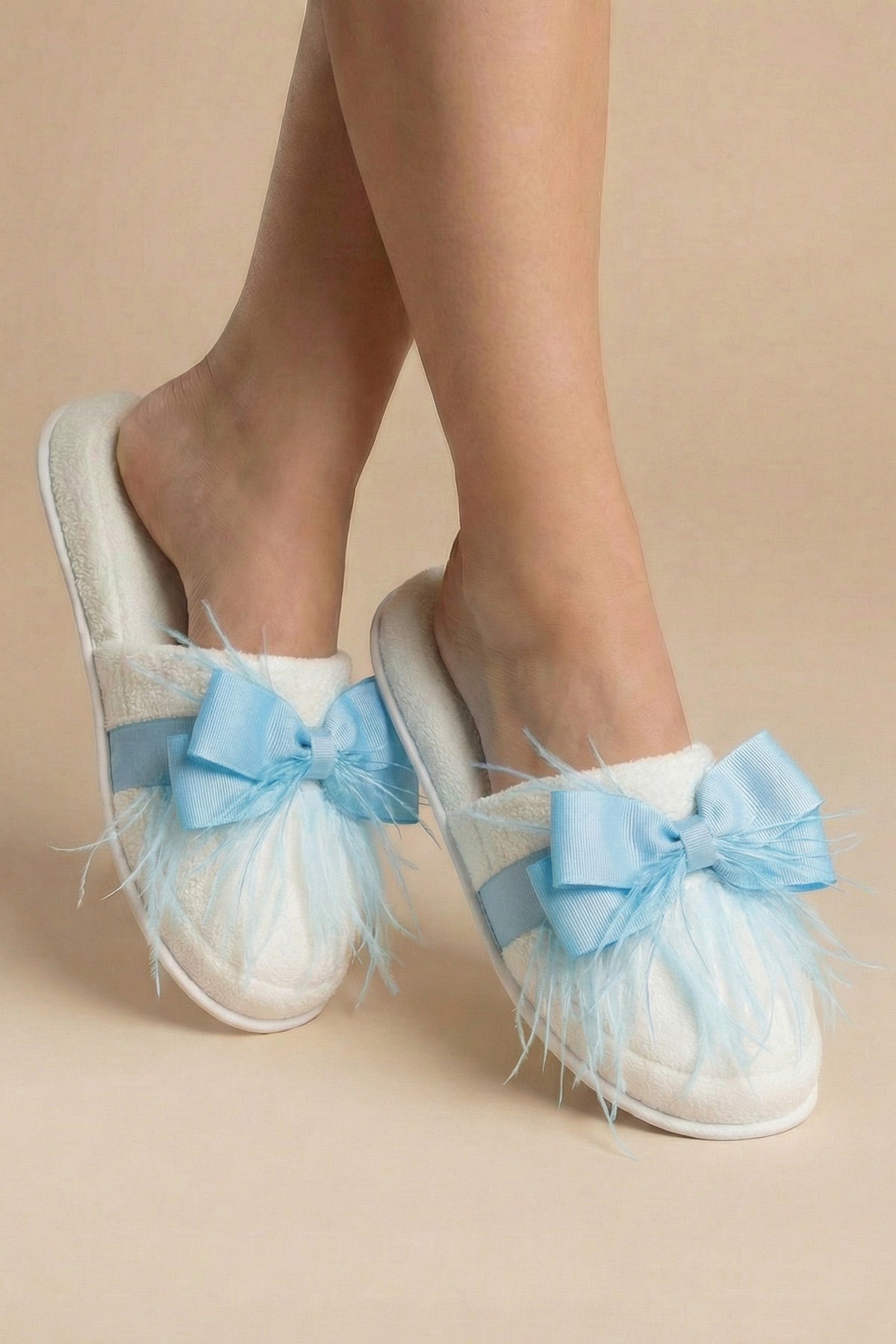 Feathered Bow Themed Postpartum And Bridal Slippers Blue - 9510