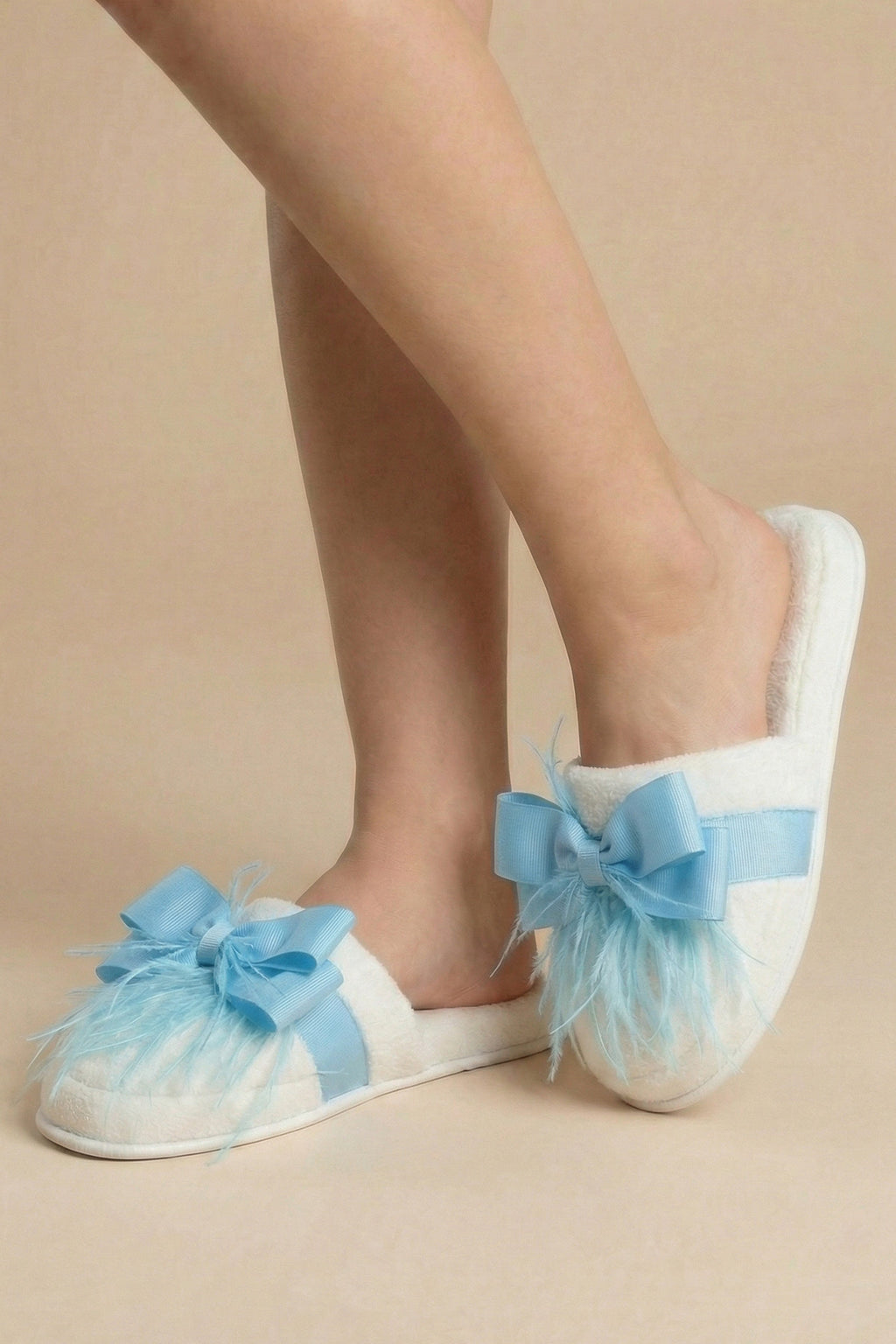 Feathered Bow Themed Postpartum And Bridal Slippers Blue - 9510