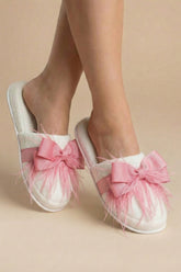 Feathered Bow Themed Postpartum And Bridal Slippers Pink - 9510