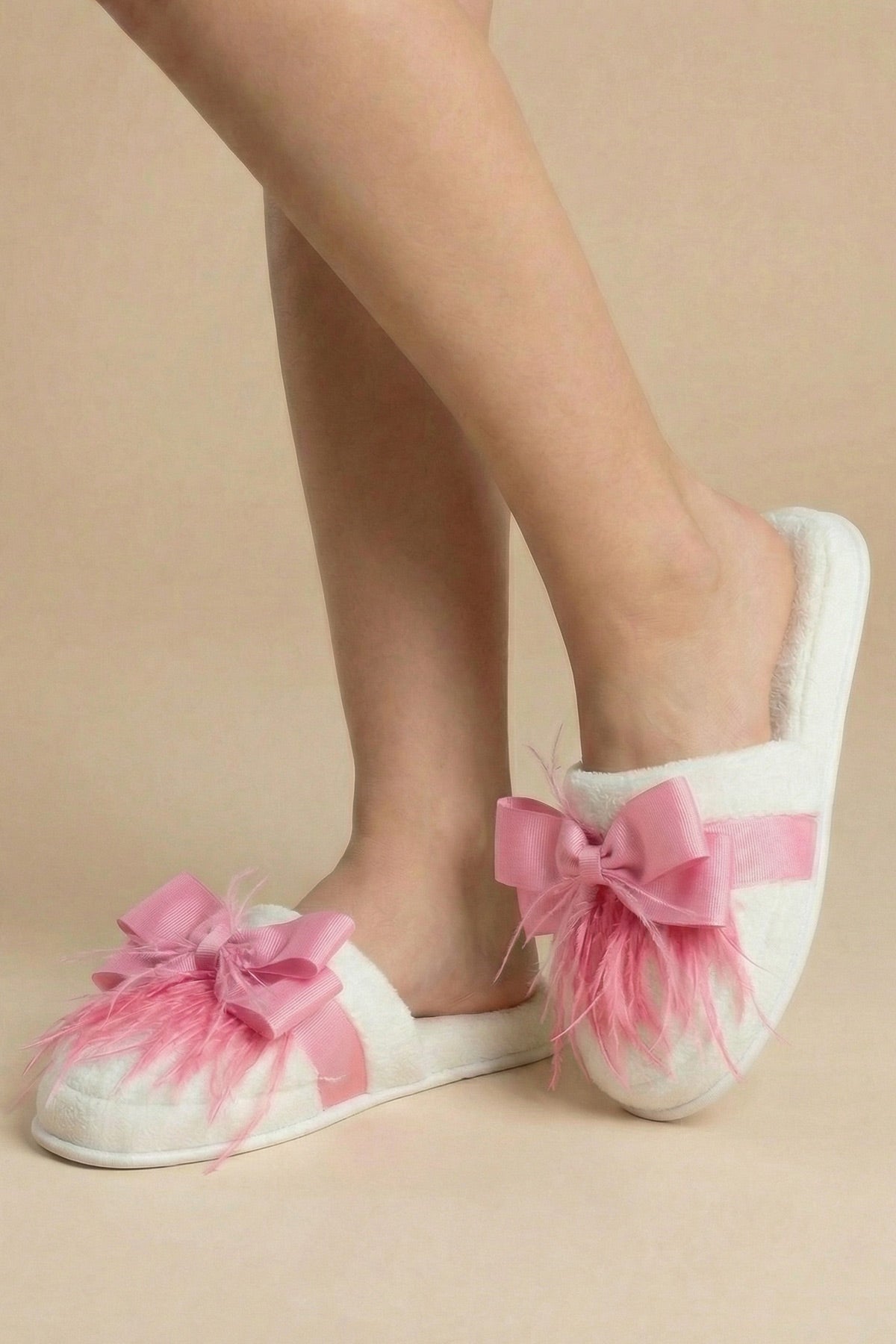 Feathered Bow Themed Postpartum And Bridal Slippers Pink - 9510
