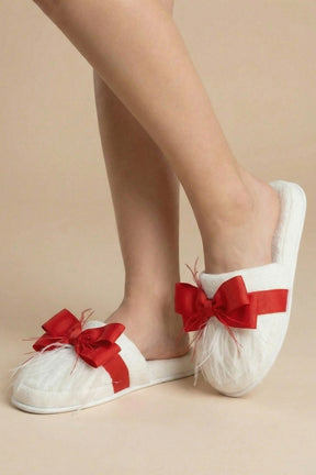Feathered Bow Themed Postpartum And Bridal Slippers Red - 9510