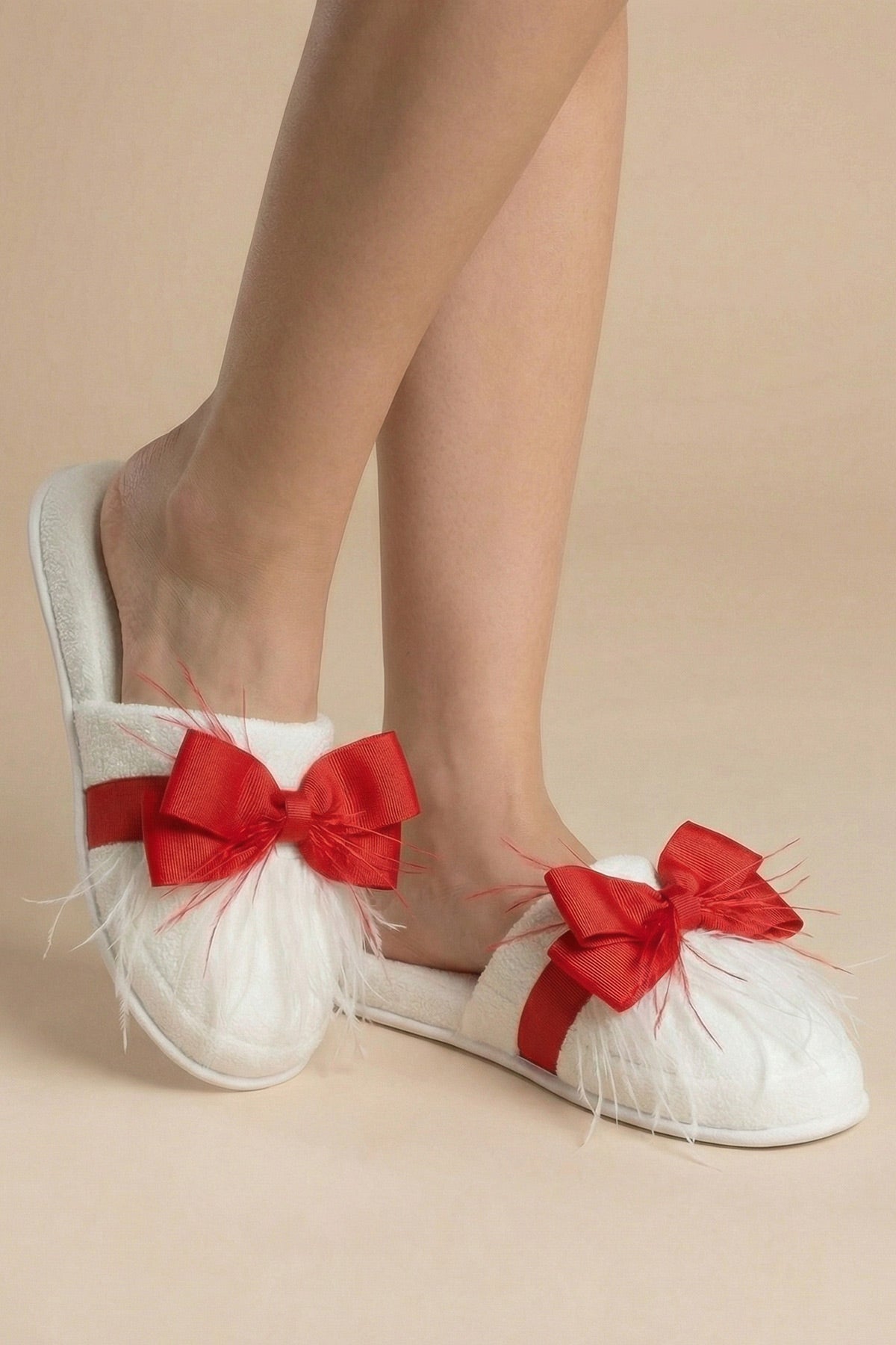 Feathered Bow Themed Postpartum And Bridal Slippers Red - 9510