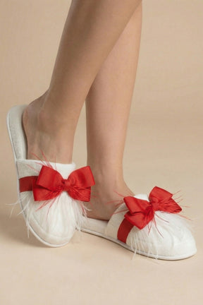 Feathered Bow Themed Postpartum And Bridal Slippers Red - 9510