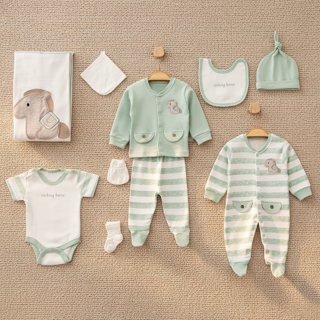Horse Themed Hospital Outfit 10-Piece Set Newborn Baby Boys Green (0-3 Months) - A020.10291