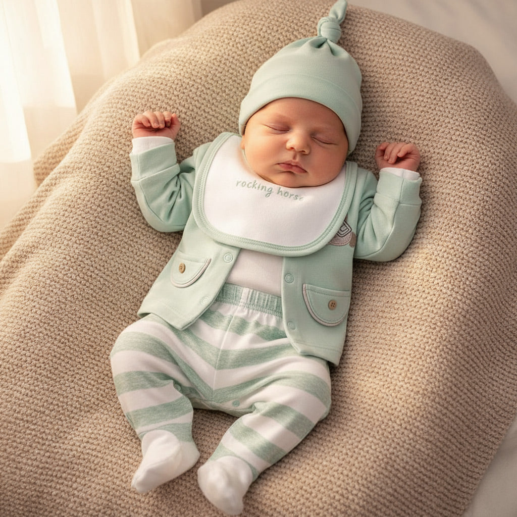 Horse Themed Hospital Outfit 10-Piece Set Newborn Baby Boys Green (0-3 Months) - A020.10291