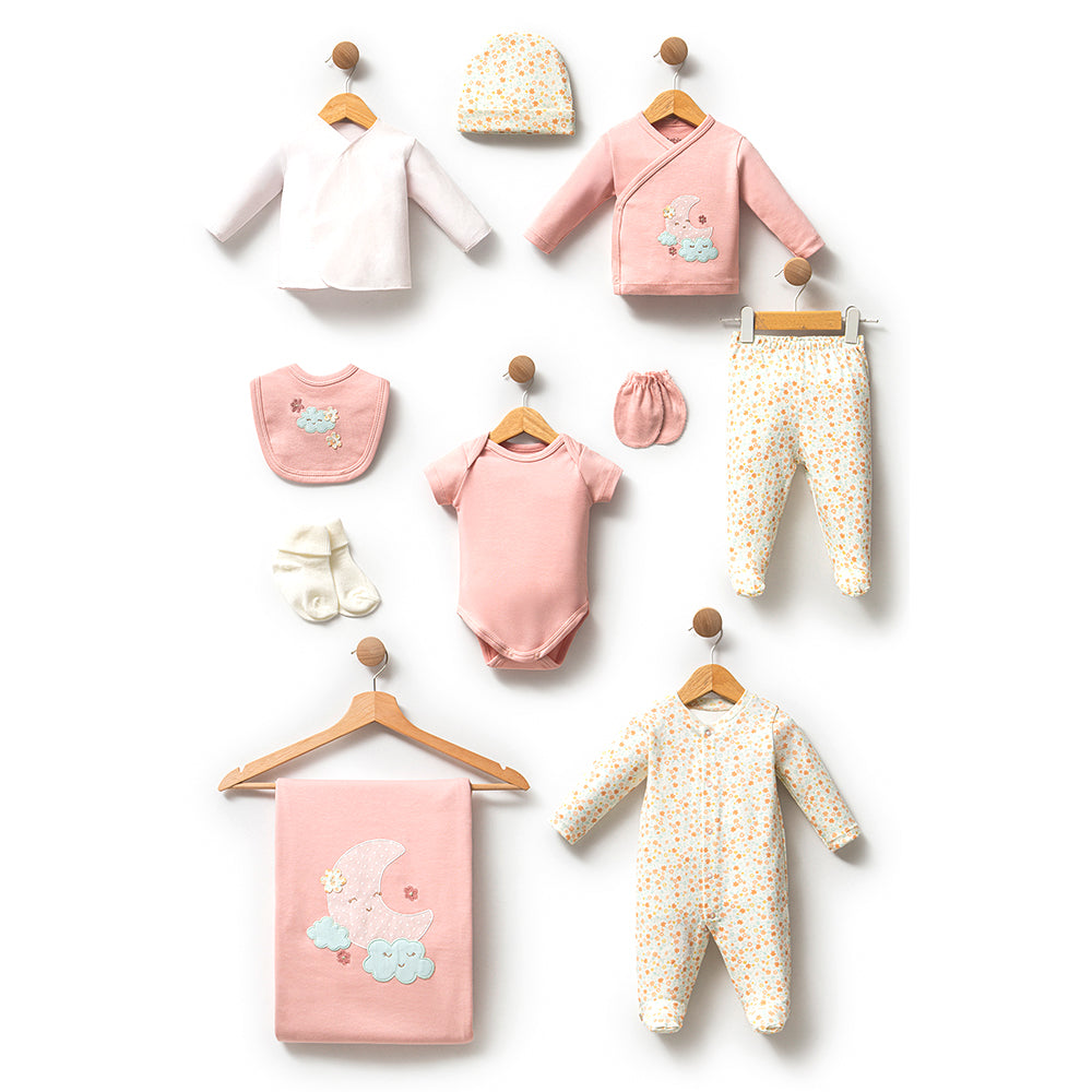 Cloudy Moon Themed Hospital Outfit 10-Piece Set Newborn Baby Girl Pink (0-6 Months) - B047.10123.02