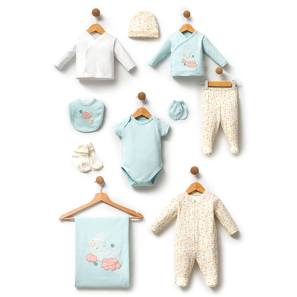 Cloudy Moon Themed Hospital Outfit 10-Piece Set Newborn Baby Girl Mint (0-6 Months) - B047.10123.08