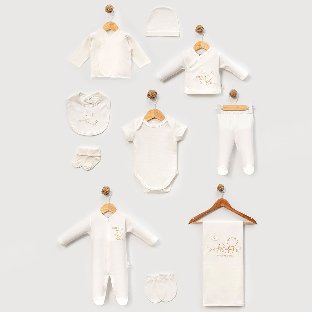 Happy Moon Bear Embroidery Cotton Hospital Outfit 10-Piece Set Newborn Baby Ecru (0-3 Months) - B047.10135.03