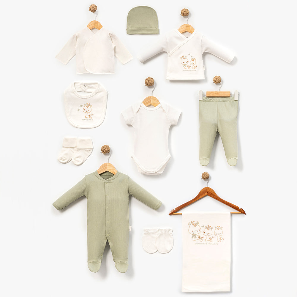 Mommy's Flowers Animal Embroidery Cotton Hospital Outfit 10-Piece Set Newborn Baby Green (0-3 Months) - B047.10144.18