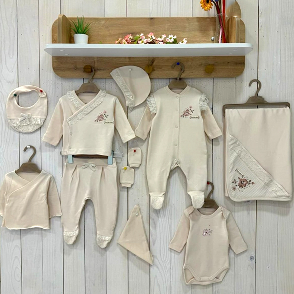 Cross-Stitch Embroidered Themed Hospital Outfit 10-Piece Set Newborn Baby Girl Beige (0-3 Months) - BB204.3964.12