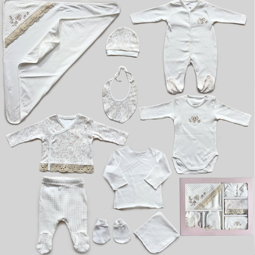 Flowery Themed Hospital Outfit 10-Piece Set Newborn Baby Girl Ecru (0-3 Months) - BB204.4131.10