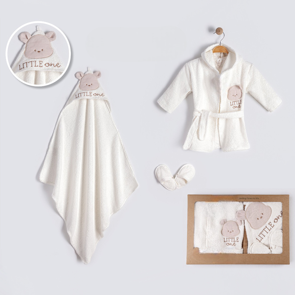 Little One Bear Face Hood طقم روب استحمام للأطفال من القطن مكون من 3 قطع إكرو (0-24 شهرًا) - BB204.4183.10