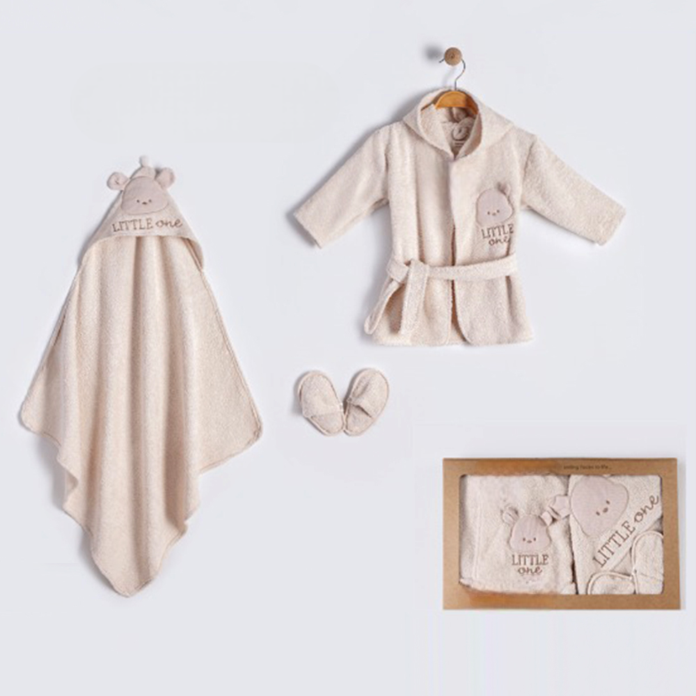 Little One Bear Face Hood Cotton 3-Piece Baby Bathrobe Set Beige (0-24 Months) - BB204.4183.12