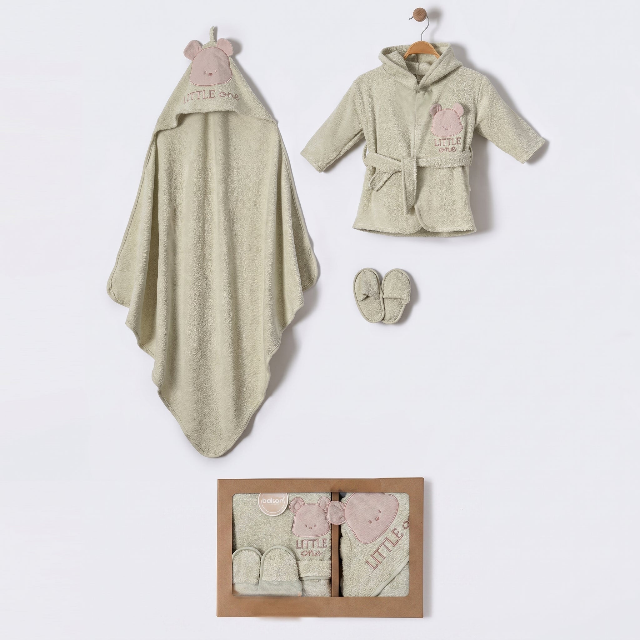 Little One Bear Face Hood طقم روب حمام أطفال قطن 3 قطع أخضر (0-24 شهرًا) - BB204.4183.13