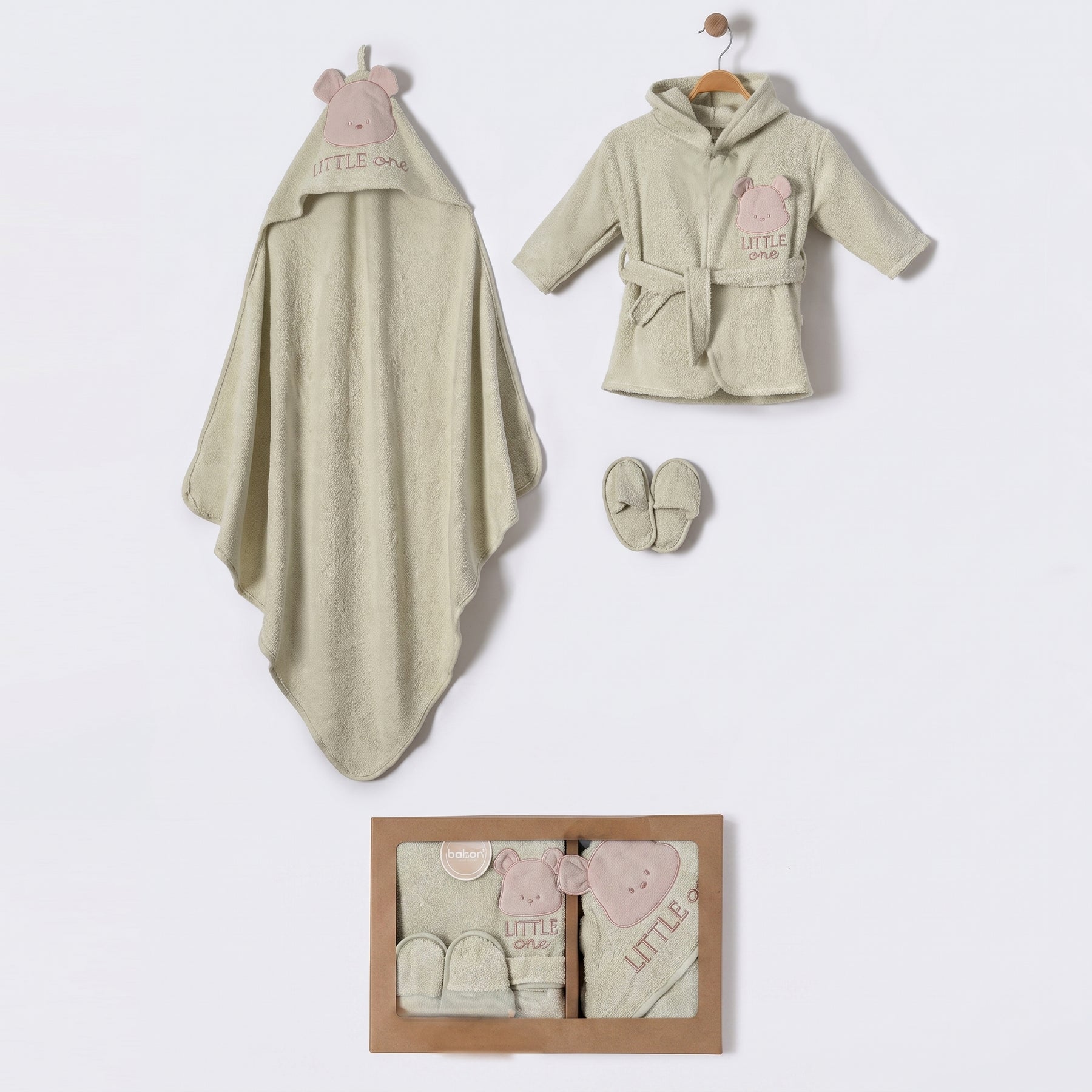 Little One Bear Face Hood طقم روب حمام أطفال قطن 3 قطع أخضر (0-24 شهرًا) - BB204.4183.13