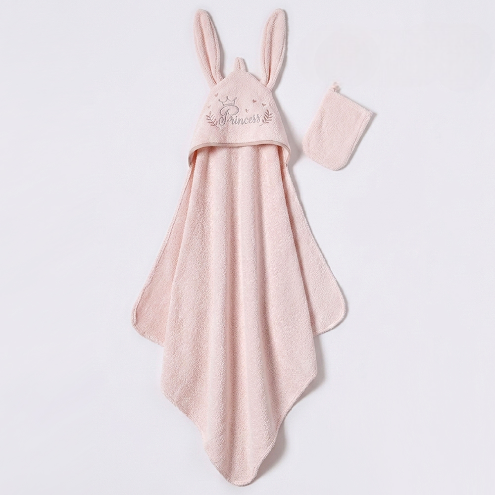3D Bunny Ears & Princess Embroidery 2-Piece Baby Hooded Towel & Bath Sponge Mitt Set Salmon - BB204.4240.8