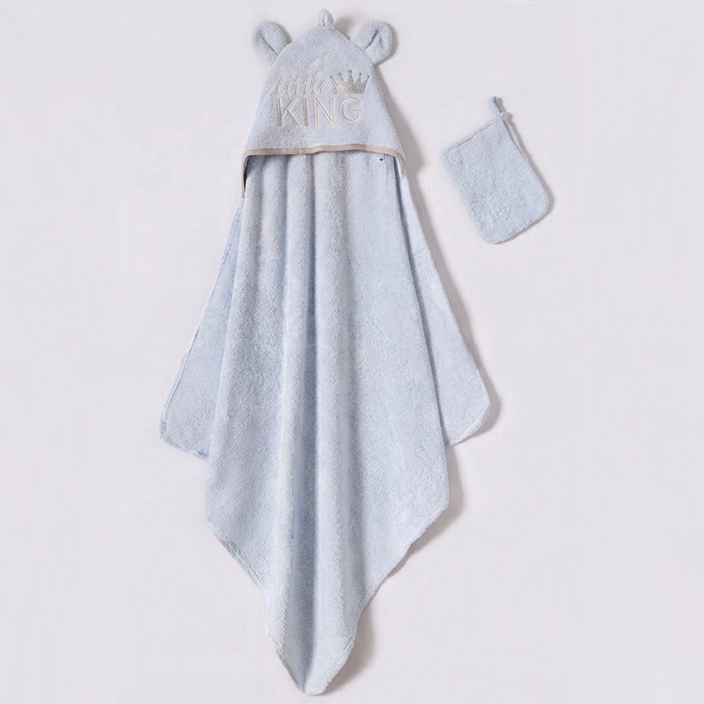 Little King Ear Crown Embroidery 2-Piece Baby Boy Hooded Towel & Bath Sponge Set Blue - BB204.4241.1