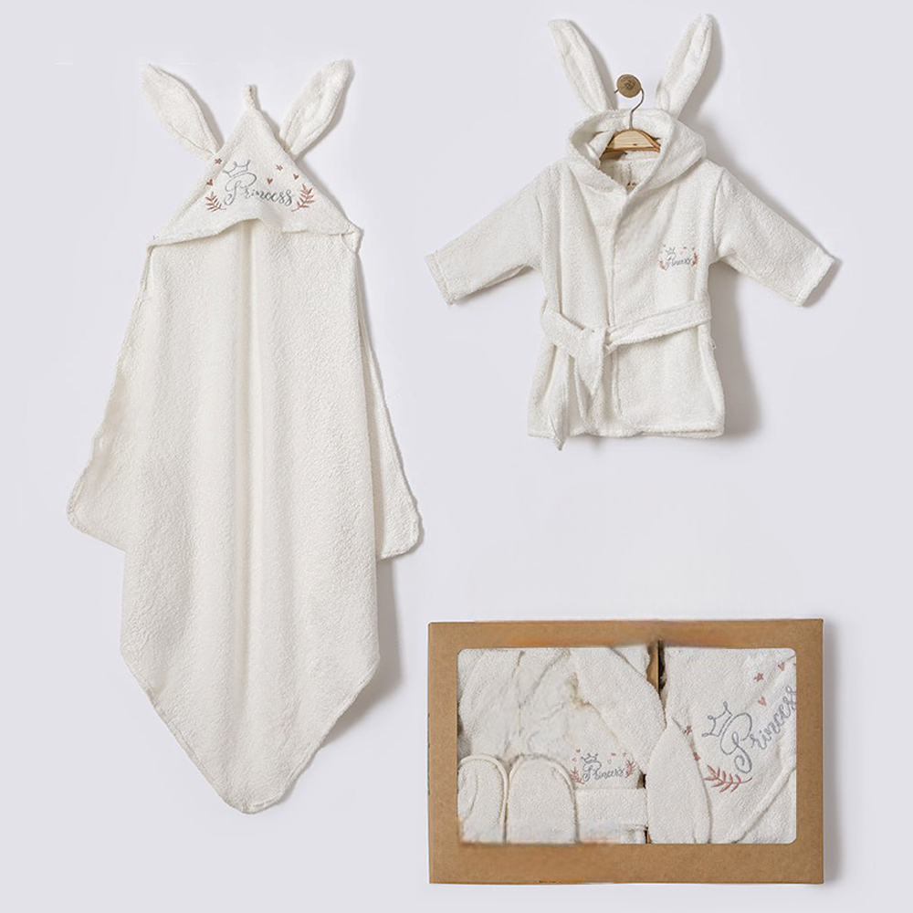 Princess Embroidery Cotton 3-Piece Baby Bathrobe Set Ecru (0-24 Months) - BB204.4242.10