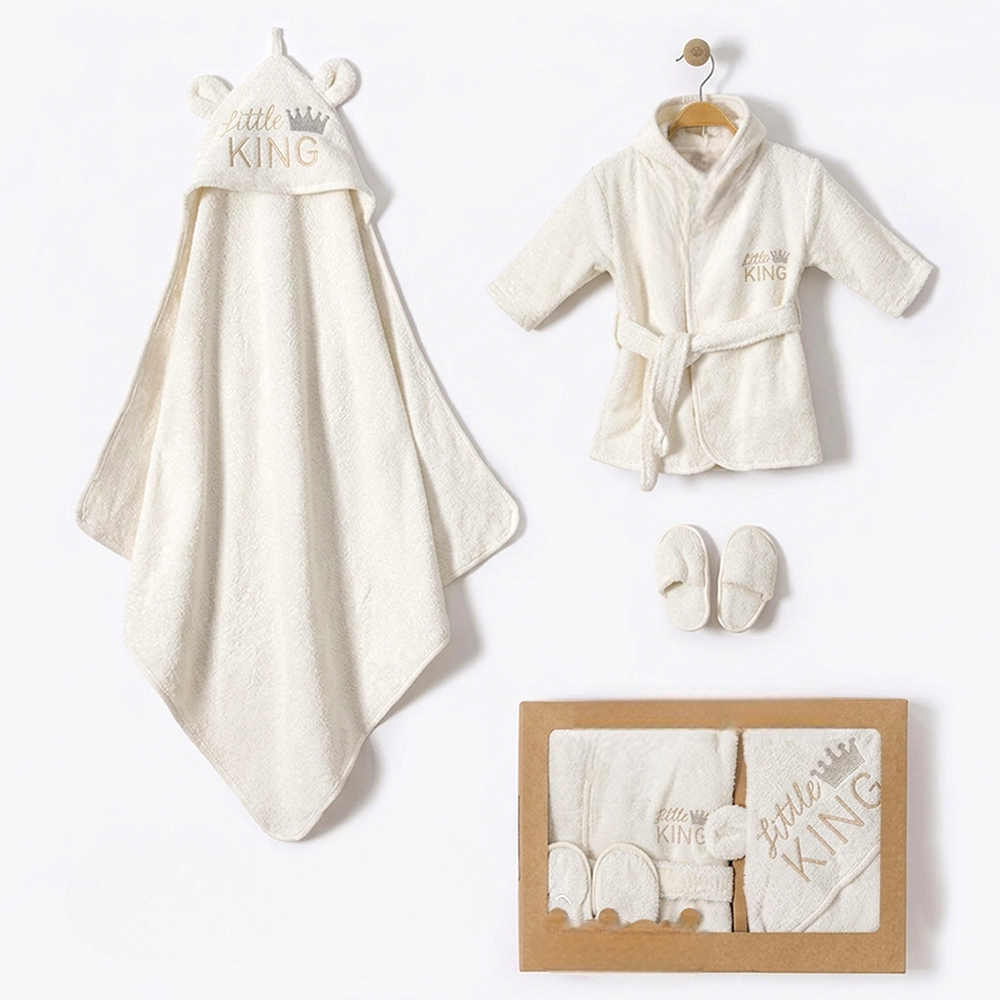 Little King Bear Ear Hood Cotton 3-Piece Baby Bathrobe Set Ecru (0-24 Months) - BB204.4243.10
