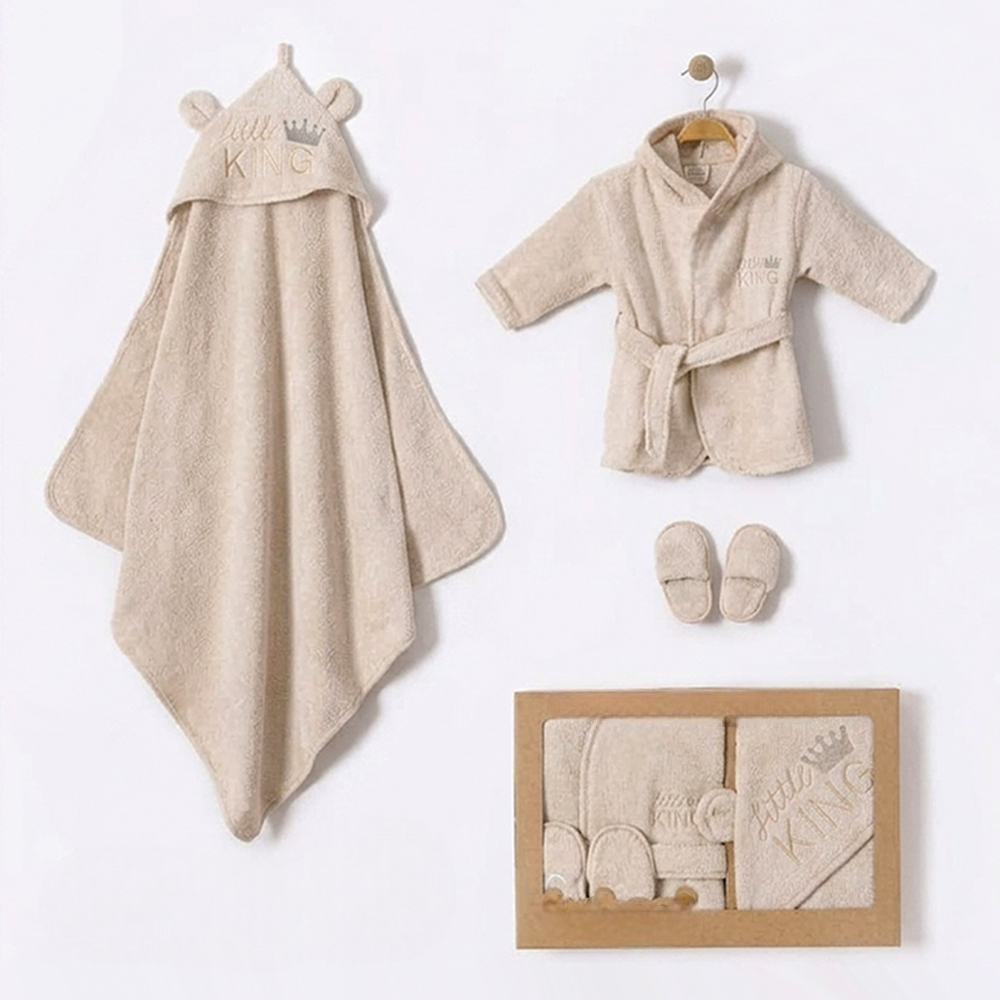 Little King Bear Ear Hood Cotton 3-Piece Baby Bathrobe Set Beige (0-24 Months) - BB204.4243.12