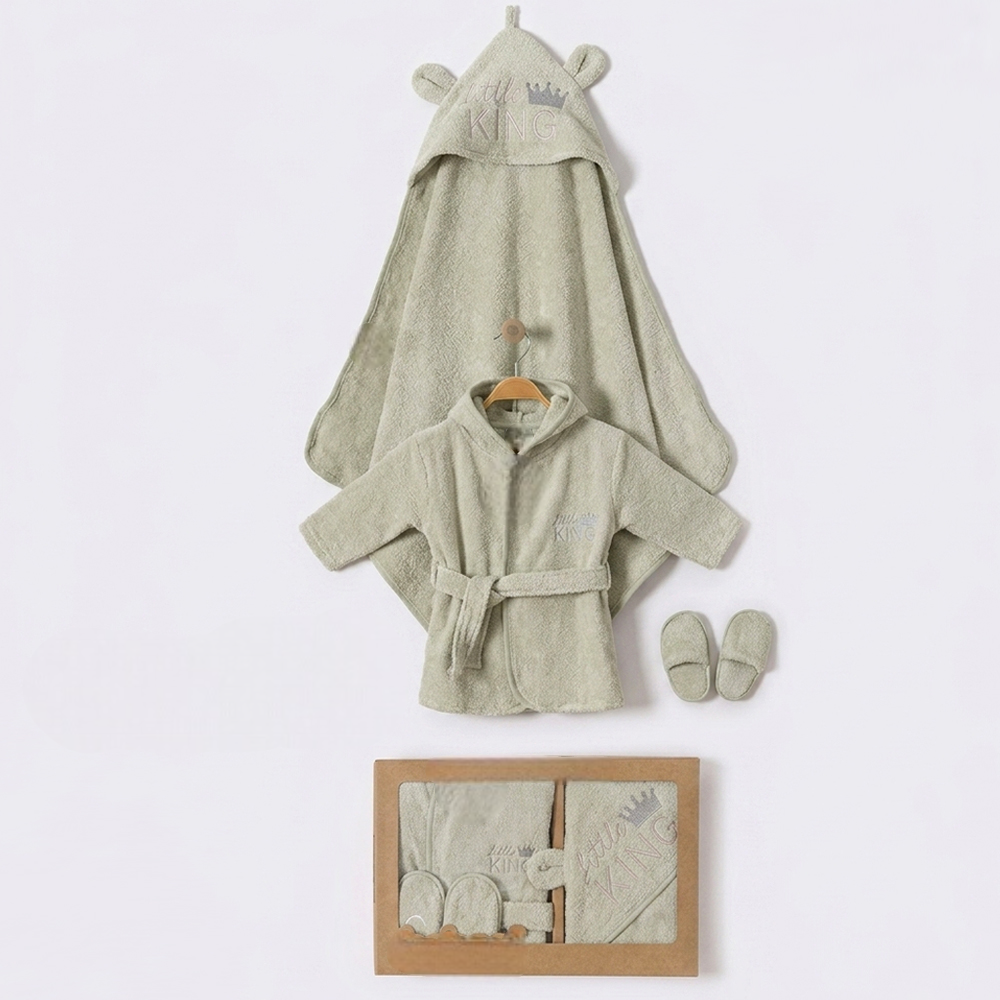 Little King Bear Ear Hood Cotton 3-Piece Baby Bathrobe Set Green (0-24 Months) - BB204.4243.13