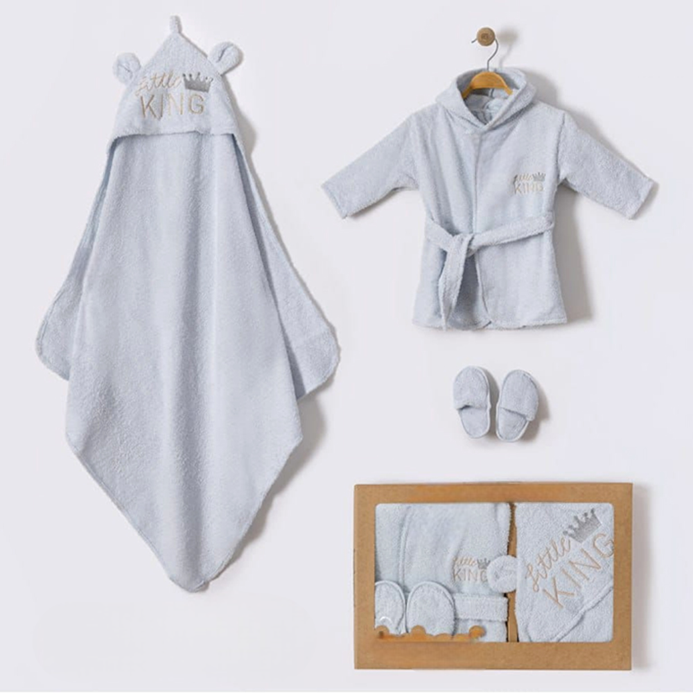 Little King Bear Ear Hood Cotton 3-Piece Baby Bathrobe Set Blue (0-24 Months) - BB204.4243.1