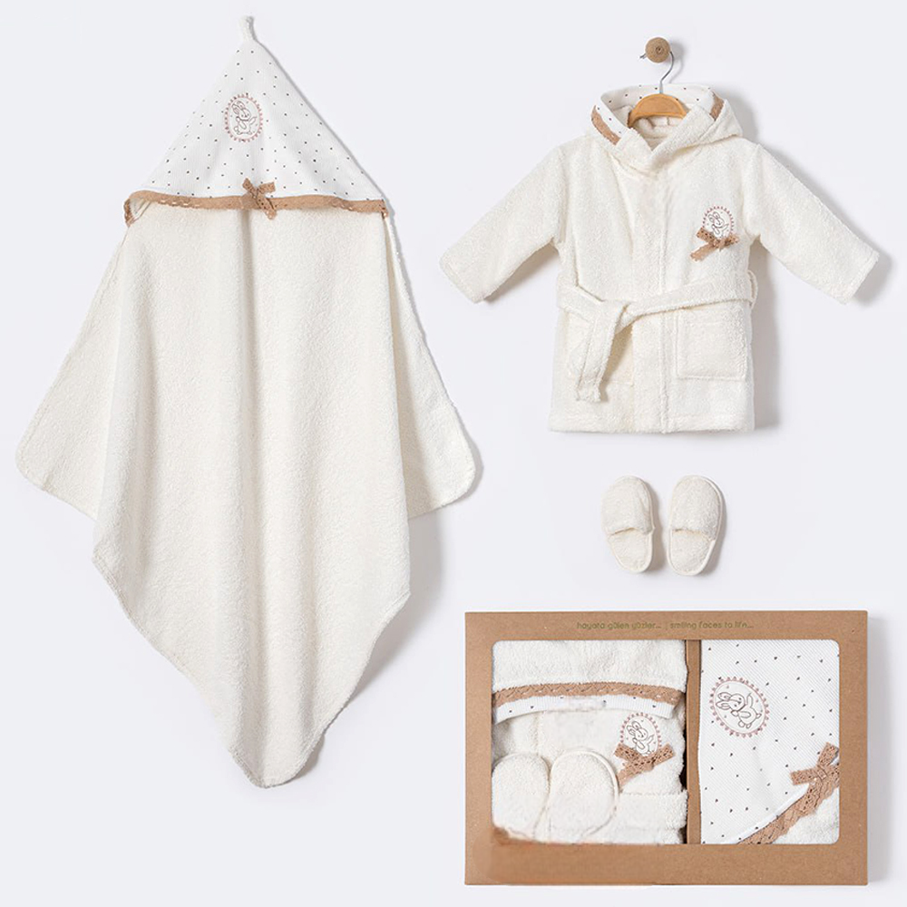 Vintage Themed Cotton Baby Bathrobe Set Ecru (0-24 Months) - BB204.4254.10