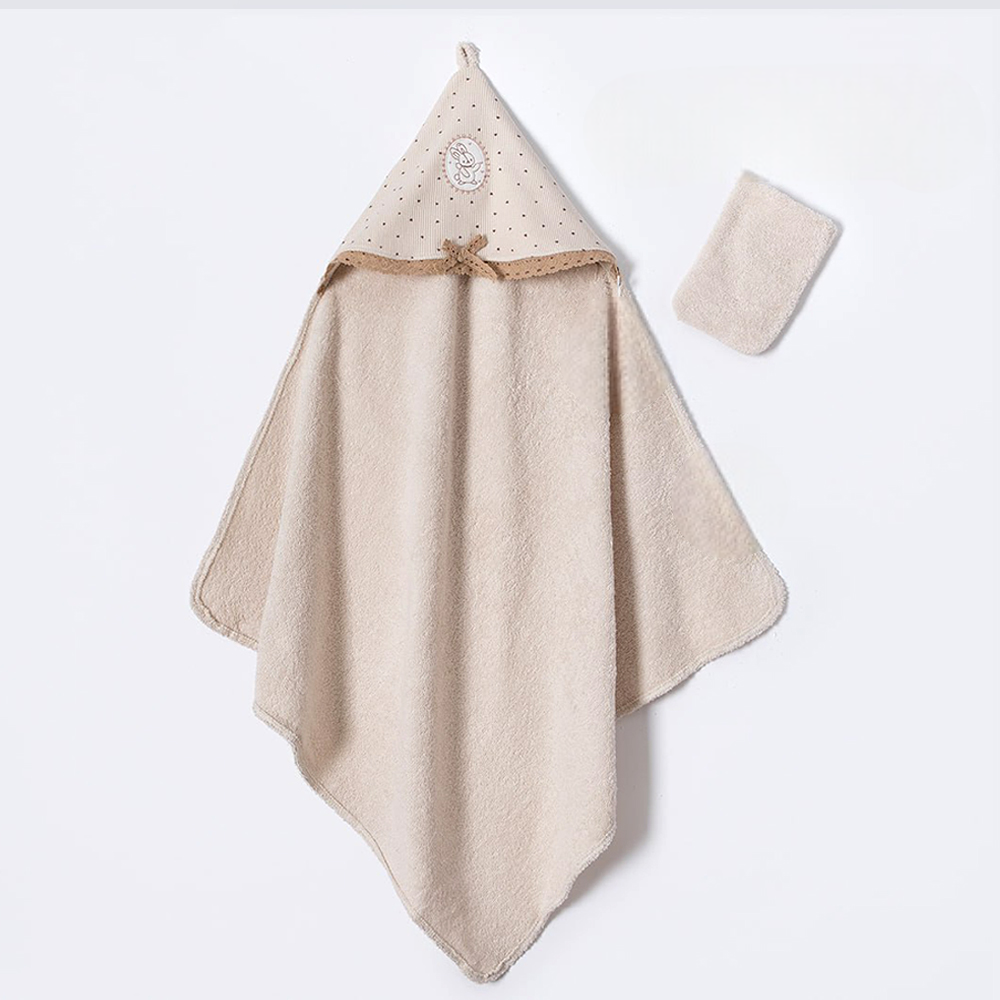 Polka Dot Hood with Bunny Patch 2-Piece Baby Hooded Towel & Bath Sponge Mitt Set Beige - BB204.4255.12