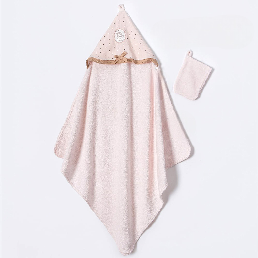 Polka Dot Hood with Bunny Patch 2-Piece Baby Hooded Towel & Bath Sponge Mitt Set Powder - BB204.4255.50