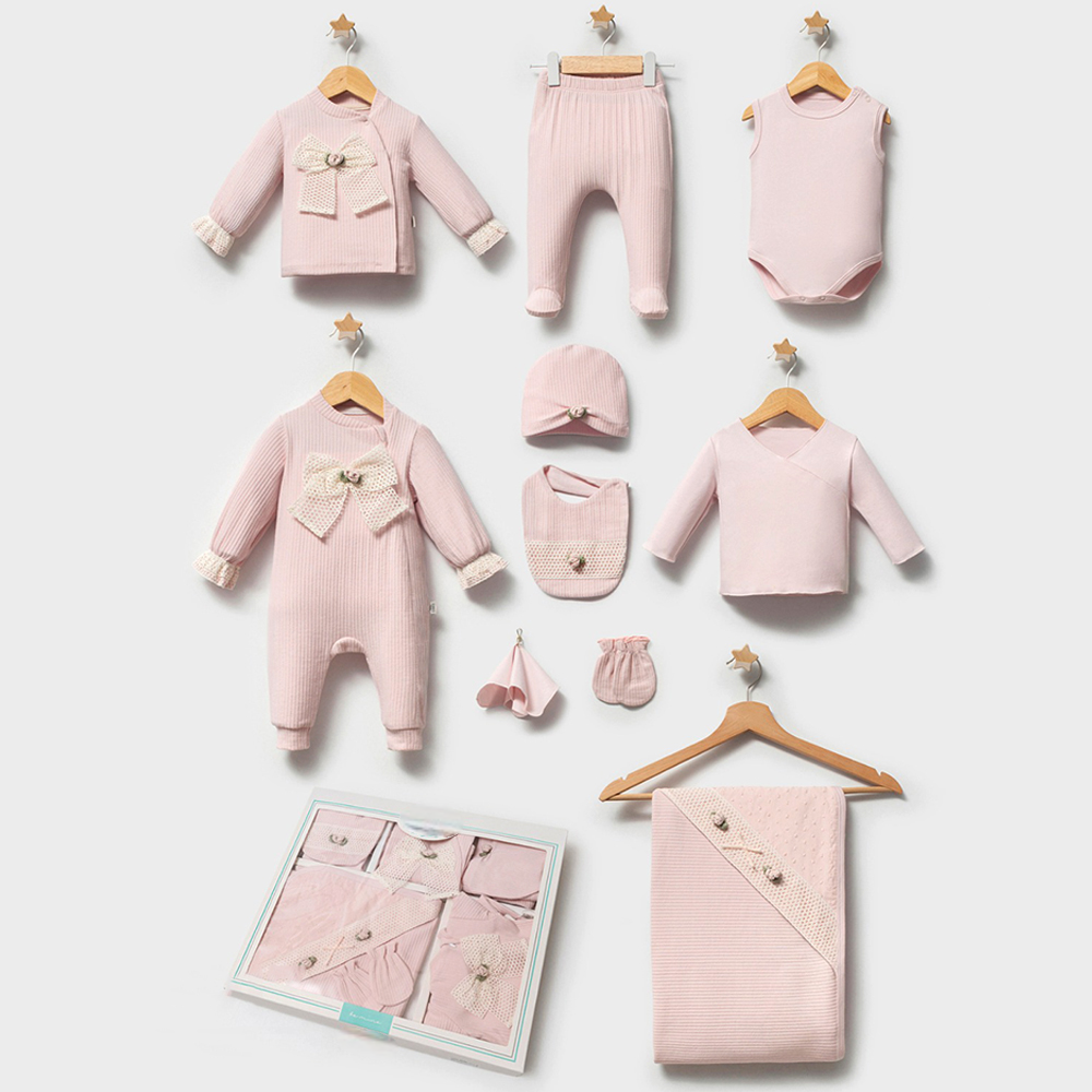 Oversized Bow & Floral Brooch Detail Cotton Hospital Outfit 10-Piece Set Newborn Baby Girl Pink (0-3 Months) - BT132.5917