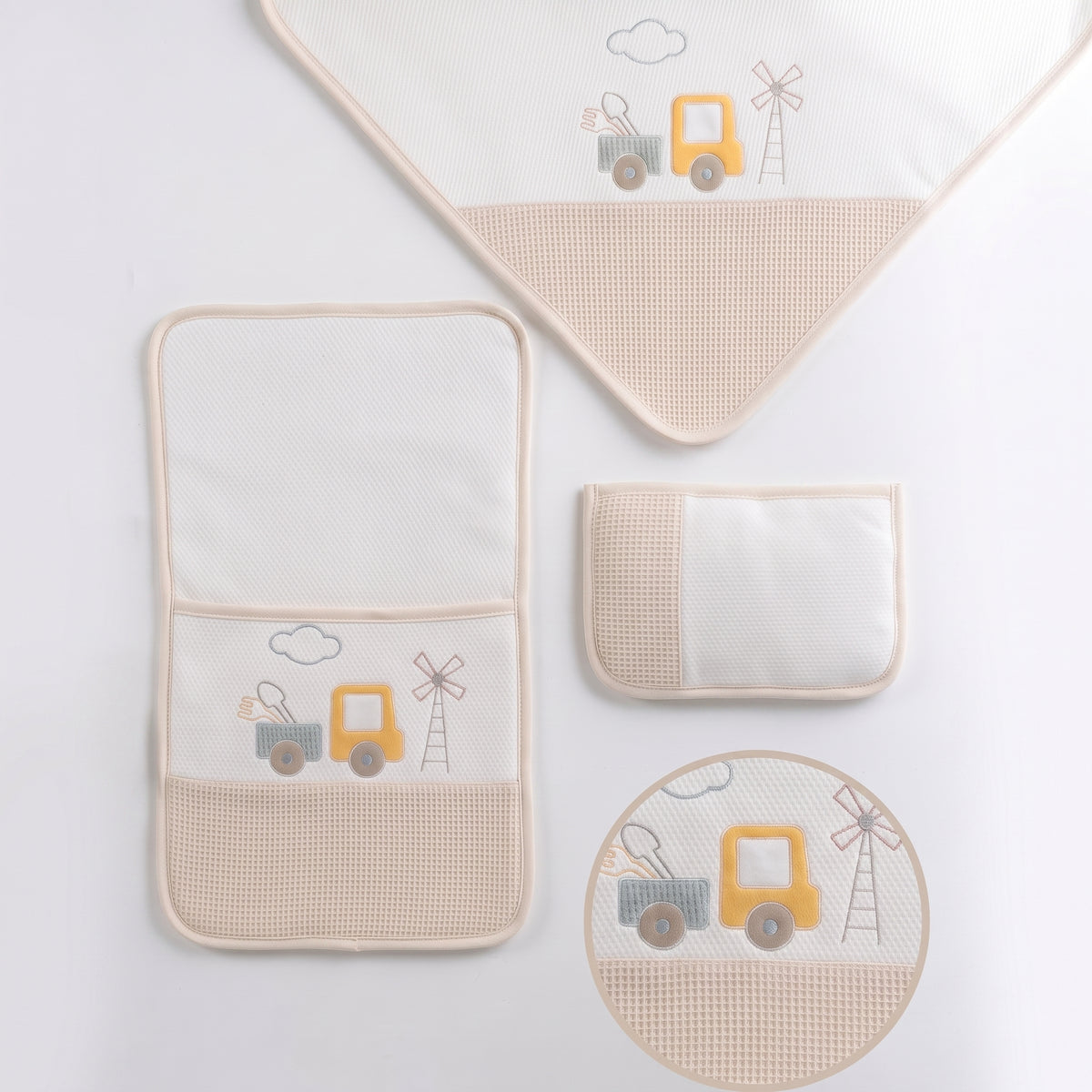 Little Truck & Windmill Embroidery 3-Piece Baby Nursery Set Ecru - GB024.1498