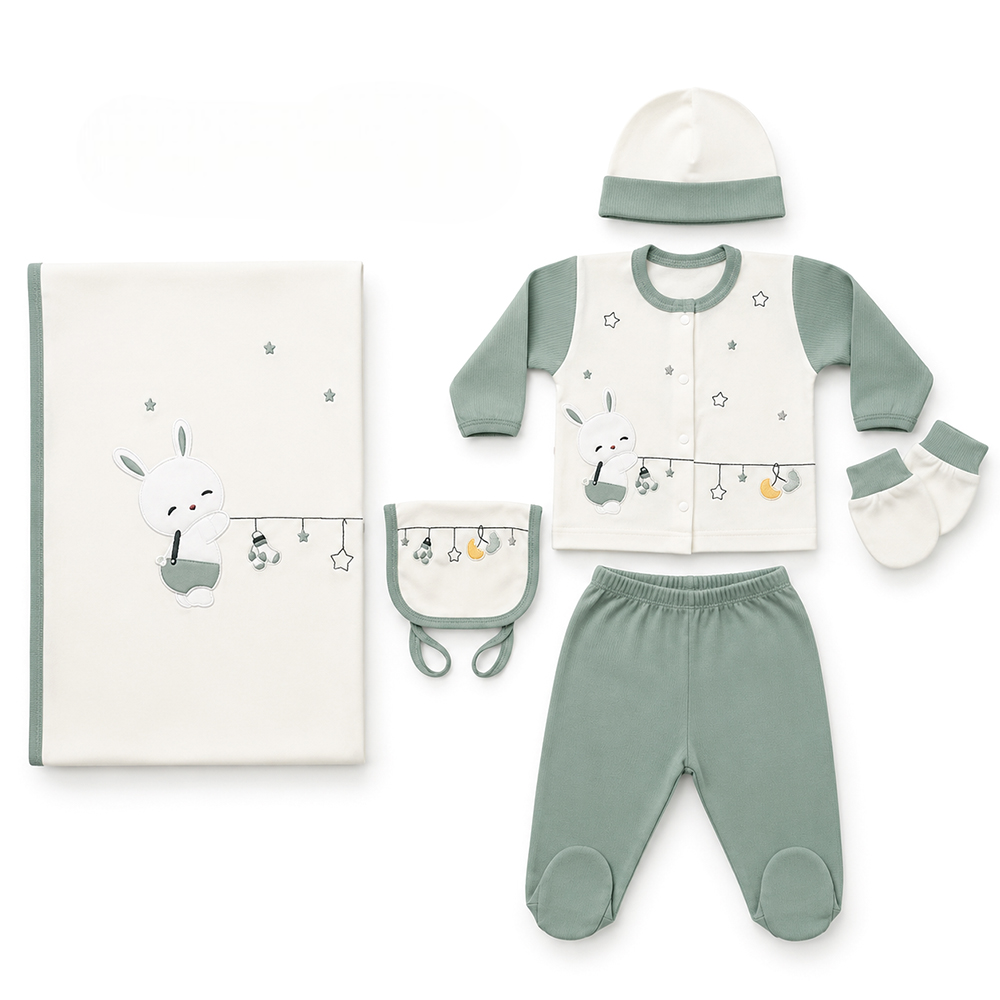 Bunny & Star Mobile Applique Cotton Hospital Outfit 10-Piece Set Newborn Baby Green (0-3 Months) - GB024.6636