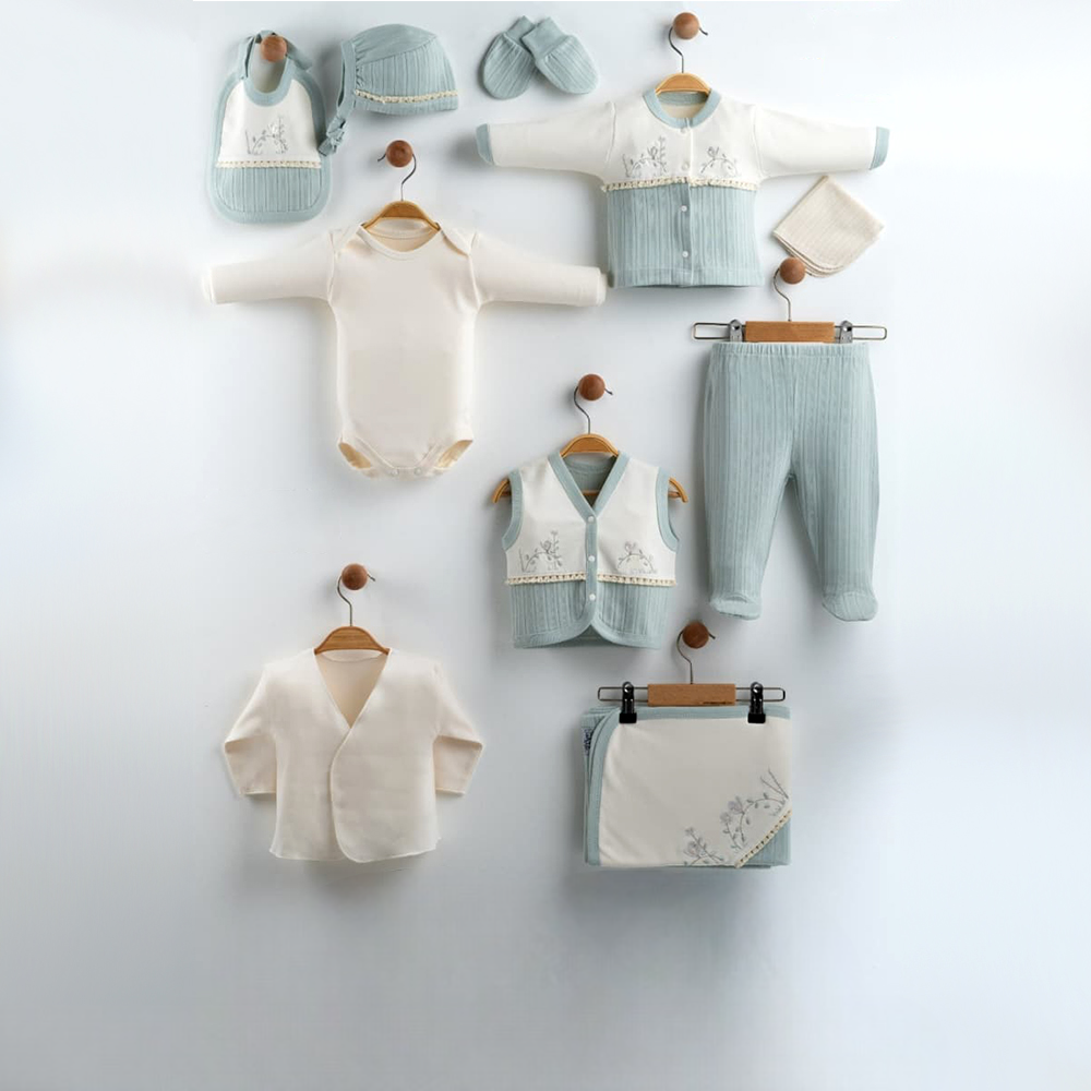 Botanical Floral Embroidery Cotton Hospital Outfit 10-Piece Set Newborn Baby Girl Green (0-3 Months) - GB024.6655